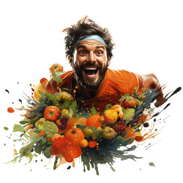 An image of a runner with an explosion of fruits and vegetables. Concept of healthy lifestyle and nutrition. Transparent Background.