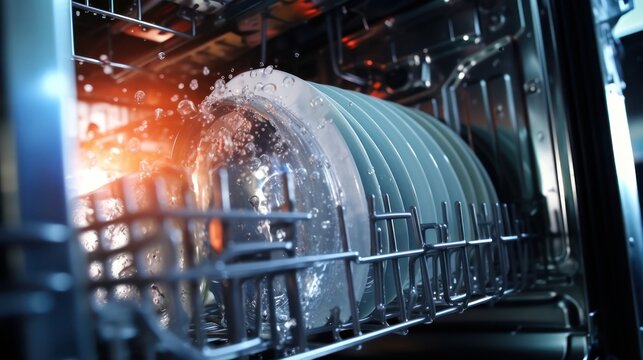 Working dishwasher splashing water on dishes inside view