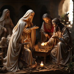 Christmas nativity scene, with the three kings, sheep and donkeys and jesusk, Ai generated