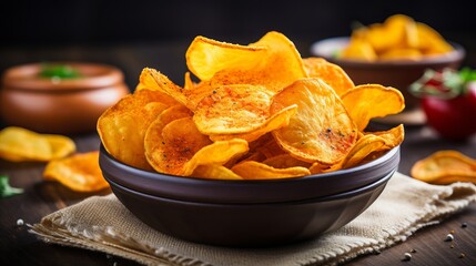 Crispy potato chips Homemade potato chips in wooden bowl
