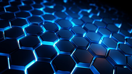 Abstract digital technology geometric hexagonal pattern background with glowing blue neon lights from sides. Generated AI