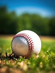 Baseball ball and bat on a game field stadium