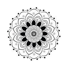 Abstract Mandala design symbol in dark purple background.