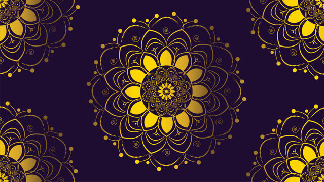 Abstract Mandala design symbol in dark purple background.