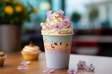 Cake to go with edible flowers and cream in paper craft cup on bright background 