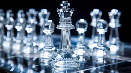 Crystal chess board with figures staged professional photo