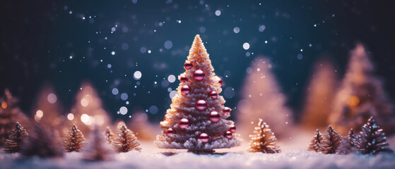 Snowy Christmas tree illuminated with festive lights.
