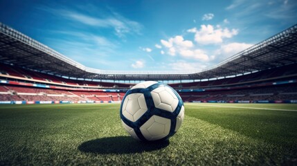 Gates and ball on soccer football field at giant stadium