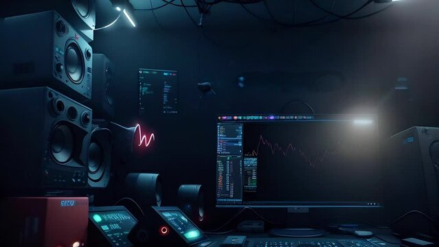 Equipment including computers, control panels and speakers in the studio