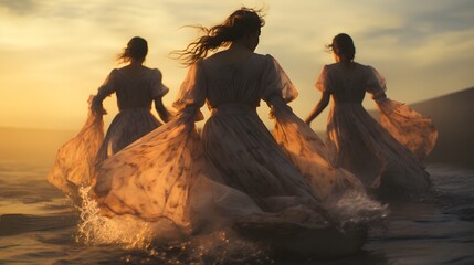 Folk-Inspired Happenings: Three Women Holding Hands, Running in the Ocean