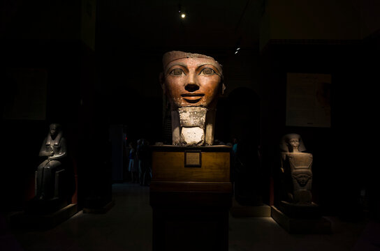 Cairo, Egypt - October 23, 2022: Statue of the female pharaoh Hatshepsut in The Egyptian Museum, Ancient egyptian art