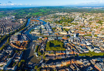 Aerial view of central Bristol in sunny morning, England