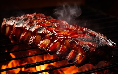 Barbecue Grilled pork ribs on the grill. - obrazy, fototapety, plakaty