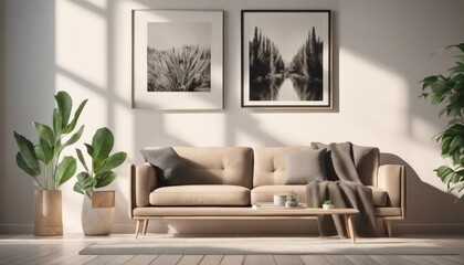 Modern living room with a beige sofa, two framed pictures on the wall, and a few plants.