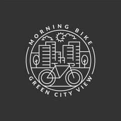 Fototapeta na wymiar morning cycling in the city badge vector illustration. city and bicycle monoline or line art style. design can be for t-shirts, sticker, printing needs