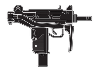 Vector illustration of the MICRO UZI israel machine gun with folded stock on the white background. Black. Right side. - obrazy, fototapety, plakaty