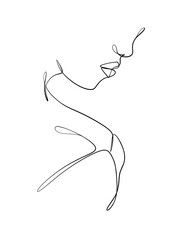 A portrait of a woman is drawn in single line style. Printable art.