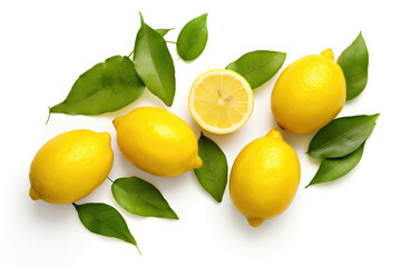 Lemons with green leaves on white background