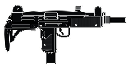 Vector illustration of the UZI israel machine gun with folded stock on the white background. Black. Right side. - obrazy, fototapety, plakaty