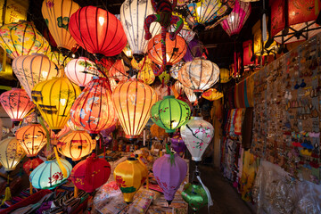 Lanterns in Hoi An city, Vietnam. Handmade colorful lanterns at the market street of Hoi An Ancient...