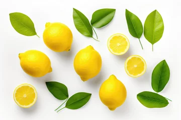 Foto op Plexiglas Lemons with green leaves on white background © Veniamin Kraskov