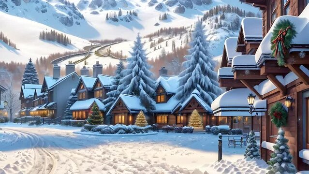 tourist village for skiing, in winter snowy forest and Christmas atmosphere...