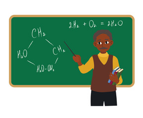 Male chemistry teacher near blackboard on white background