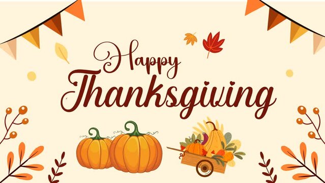 happy thanksgiving animation with fall leaves, carts and pumpkins