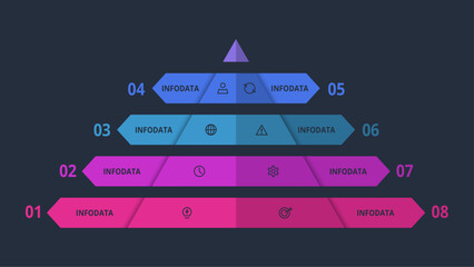 Triangle infographic with 8 elements, presentations, vector illustration. Template for web on a black background.