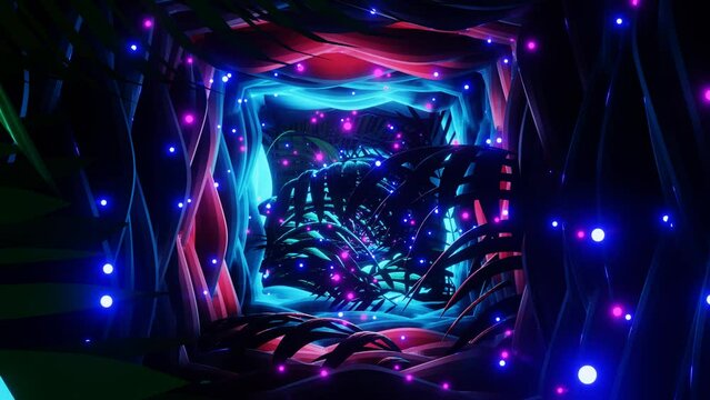 Backward motion Mystical fantasy wild neon jungle tunnel background with bokeh. Seamless loop VJ 4k.