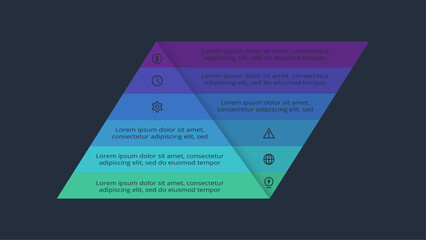 Triangle infographic with 6 elements, presentations, vector illustration. Template for web on a black background.