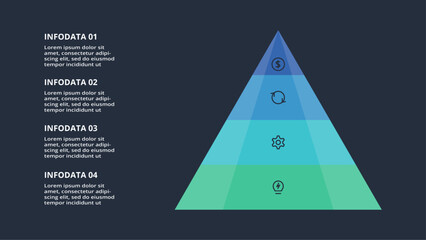 Triangle infographic with 4 elements, presentations, vector illustration. Template for web on a black background.