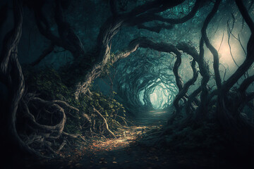 A path in the dark forest along the old scary curved trees