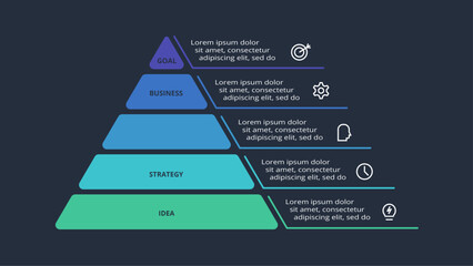 Triangle infographic with 5 elements, presentations, vector illustration. Template for web on a black background.