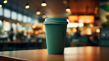 A reusable coffee cup sits in a cafe or motorway service area.
