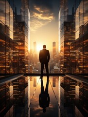 businessman in a modern glass building in front of a skyline  during sunset.  - obrazy, fototapety, plakaty