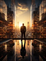 Fotobehang businessman in a modern glass building in front of a skyline  during sunset.  © LeitnerR