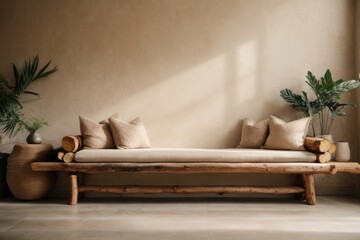 Wood log bench with beige cushions against stucco wall with copy space. Rustic, boho home interior design of modern living room.