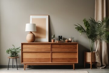 Wooden cabinet, dresser against concrete wall with empty blank mock up poster frame with copy space. Scandinavian home interior design of modern living room