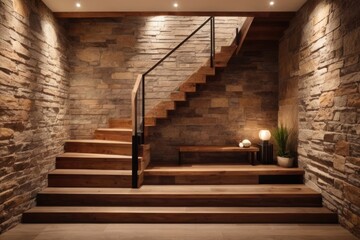Obraz premium Wooden staircase and stone cladding wall in rustic hallway. Cozy home interior design of modern entrance hall with door