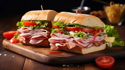 Foto op Canvas Submarine sandwiches Long subway sandwiches on a dark background. © CraftyImago