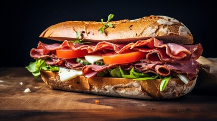 Submarine sandwiches Long subway sandwiches on a dark background.