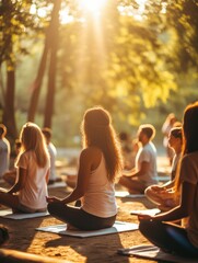 group of young people practicing yoga in the park. 