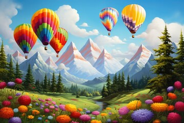 Landscape with colorful balloons Colorful air balloons flying over rainbow-colored air balloons