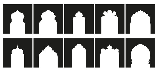 Shape Islamic door and arabic window arch. Elements on transparent background. Arabic door frame. Islamic architecture elements of window and door. - obrazy, fototapety, plakaty