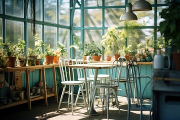 light interior of a small cafe in a glasshouse with lots of healthy plants. 