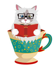 Cute cat reading a book in a coffee cup. Vector illustration.