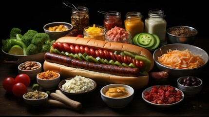 crafting the ultimate hotdog: an enticing culinary adventure showcasing the assembly and harmonious blend of its diverse ingredients. Ai Generated - obrazy, fototapety, plakaty