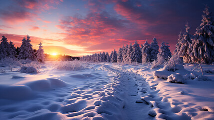 A picturesque Christmas landscape of a wintry forest aglow in the colors of sunrise.