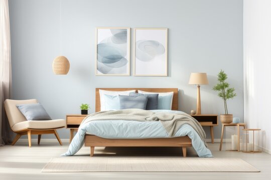 friendly, light bedroom interior. natural color palette. 